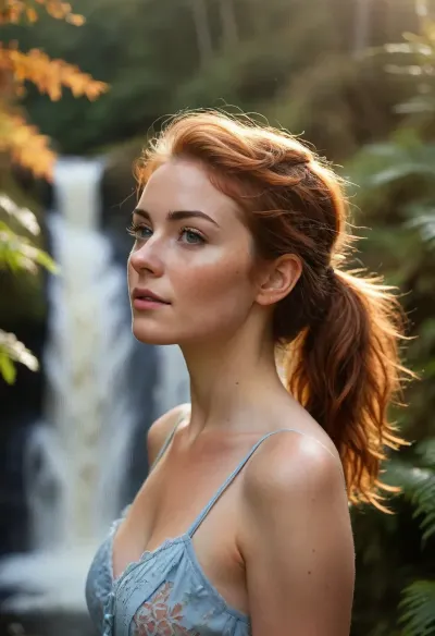 A beautiful English 25 years old woman, stands in front of a small waterfall in the Yorkshire dales, she is surrounded by ferns and autumn colours, all bathed in the warm golden hues of a breathtaking sunset, (perfect face:1.5), (perfect nose:1.5), wearing a powder blue sleeveless nightie with spaghetti straps, delicate fabric flowing in the soft evening breeze, gentle sunset light filter through the intricate lace patterns, short auburn hair blowing in the breeze, visible freckles, sun-kissed skin, 25 years old looking at the camera. Close up view, head and shoulders, this hair pulled back into a short, ponytail, stocked back hair. She looks lovingly at the person behind the camera, <lora:Midjourney Image Enhancer XL v1:.8>