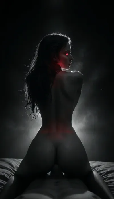 (masterpiece, best quality, photorealistic), ((monochrome:1.6)), ((black and white only:1.5)), soft firelight, heavy sweat in the air woman on all fours, ((back arched hard:1.5)), head swung back over her shoulder, long hair wild and damp, ((red glowing eyes locked on viewer:1.4)), face soaked with cum, lips parted mid-breath his cock driving into her from behind, thick, dripping, her cunt stretched wide and wet, fluids trailing between thighs camera focused at low rear angle, highlighting the arch, hair whip, and glowing stare, ((selective color, red)), <lora:ral-chrosc-bw:1>, <lora:dark:.8>