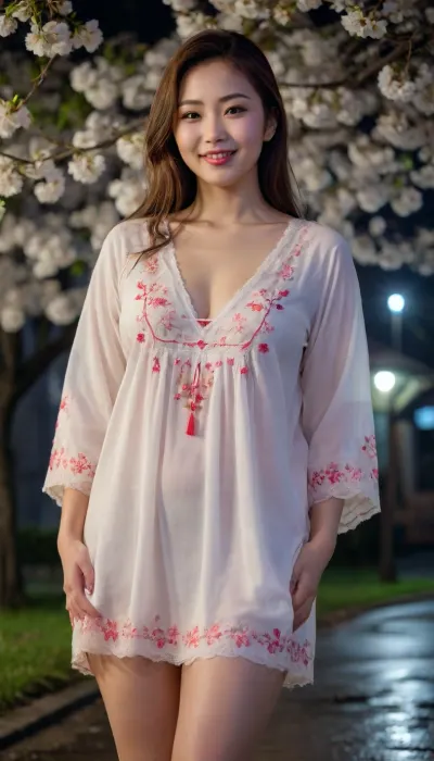 captivating young well-built Japanese girl, smiling, desirable plus-size breasts and thighs, loose-fitting embroidered extra long Ukrainian blouse covering knees on completely bare body, barefoot, warm summer rain, blooming cherry tree, night moon glow