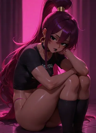 solo, view from front, close up view, sitting on floor, legs angled, (head resting on knees:1.5), looking at viewer, nerdy, slutty, coed, blushing, thick lips, freckles, tanned, tanlines, round face, (nipple piercings:1.3), (magenta long ponytail hair:1.6), cute strand of hair hanging in front, big round eyes, black eyes, thick black lipstick, gold hoop earrings, choker, (magenta baggy t-shirt:1.5), (breast covered:1.3), high thong, thigh high socks, very high socks, (tall:1.5), (athletic body:1.5), (female bodybuilder:1.5), athletic legs, extremely muscular legs, muscular arms, visible abs, muscular shoulders, muscular back, nubile body, slim waist, (athletic small breasts:1.4), athletic ass, gym girl ass, dynamic pose, nipple piercings, at night, night, midnight, dark, darkness, shadows, overexposed, igbaddie, magenta bikini bottoms, Dim and surreal and low pink lighting, (DIM PINK LIGHT), A gorgeous, slim, busty woman, (slut), sexy breasts, explicit, ass, breasts, big, hips, narrow, waist, thick thighs, aidxlv05_neg, lineart, LineAniAF, mlfpchs, style, of, akira, toriyama, <lora:LineAniRedmondV2-Lineart-LineAniAF:.8>, <lora:milfpeaches_RealvisXLV5(e14):.8>, <lora:toriy4m4_v4-000007:.8>