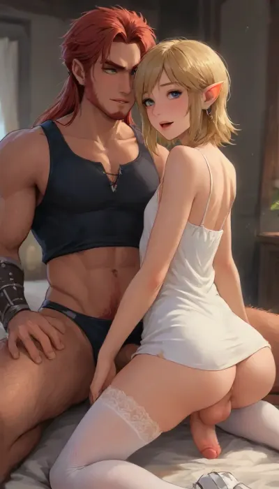 A highly detailed anime-style illustration of an intimate scene on a bed. A tall, muscular, handsome man with long vibrant red hair tied in a ponytail, green eyes, and light stubble, wearing a tight dark blue cropped tank top that exposes his chiseled abs and a matching dark blue thong. He has a confident and slightly intense expression.

Sitting on his lap facing away from him but looking back over her shoulder at the viewer is a petite, curvaceous blonde elf girl with short layered blonde hair, large bright blue eyes, pointed elf ears, and a playful flirtatious smile with a blush on her cheeks. She wears a short white spaghetti-strap slip dress that has ridden up, revealing her body, and white thigh-high stockings with delicate lace tops.

The erect penis is visible between her thighs. They are in a sensual pose on rumpled bedsheets. Warm, soft bedroom lighting with gentle highlights and shadows. Detailed anatomy, smooth skin textures, atmospheric depth, high quality, vibrant colors, cinematic lighting, anime aesthetic.

best quality, 8k, insane details, intricate details, hyperdetailed, hyper quality, high detail, ultra detailed, professional, HDR, ray tracing reflection, highlydetailedbody, realisticface, highlydetailedhair, insanelydetailed, 8K.highdetailedskin, highresolution, perfectfingers, (j_cartoon:1.5), drawing, link, <lora:link:1>, small erect-futa, erect-penis, woman, testicles, erection, <lora:SDXLlora13ErFut:.5>, <lora:TwinksAnatomyXL_v1.0:.8>, <lora:samdoesarts1.1-000030:.4>, <lora:J_cartoon:.3>