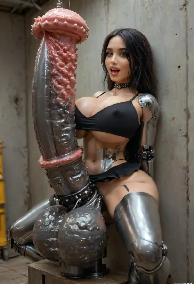 (young:1.5), score_9, score_8_up, (cute bimbo goth futa android sex robot with hyper massive robotic barbed flaccid metallic cock and mechanical body super fit mechanical body, cock infused with liquids, her absurdly oversized hyper gigantic artificial barbed hypercock is restrained by glowing robotic cock rings and injected with fluids, hoses inserted into cock connected to futuristic machine, eyes wide open staring intensely directly at her own cock, mouth wide open smiling in disbelief, robotic body is restrained and fucked in a sex bot factory, robotic arms and legs restrained inside the wall:1.5), (very heavy makeup, smeared mascara, happy crying, cum hair:1), (shiny metallic skin, mechanical robotic torso:1.6), (cum glazed robot futanari with flaccid very cummy hyper thick absurdly gigantic curved metallic barbed equine cock), (hyper extreme breast enhancement), (extreme glowing robotic penis girth, extreme ejaculation), (hyper shiny wet petite robot body, underboob, cum glazed hyper massive fake round silicone pornstar tits, tiny wide mesh fishnet top, pierced nipples), slave collar, thick goth makeup, black lipstick, very messy long hair, lots of cum in hair, tiny latex mini skirt, low camera angle, close up of cock, detailxl, igbaddie, 4ng3l, face, detailed, eyes, perfect, freckles, skin, texture, photorealistic, <lora:MJ52:.8>, <lora:attractive_notrigger:.8>, <lora:igbaddie-XL:1.3>, <lora:SDXL_BetterFaces-LoRA_v1:.8>, <lora:Super_Eye_Detailer_By_Stable_Yogi_SDPD0:1.5>