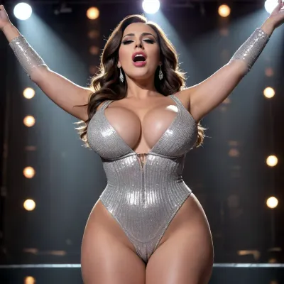 The scene is a dark stage, low-angle view, a brunette woman wearing a very tight-fitting suit made with white crystal, without underwear, she has a very thin waist, she has very wide wide hips, she has large large large breasts, she has a microphone in her hand, she has her eyes closed while singing, she wears high-heeled crystal shoes, large, breasts, big, boobs, huge, tits, <lora:bombshell_v2:2>