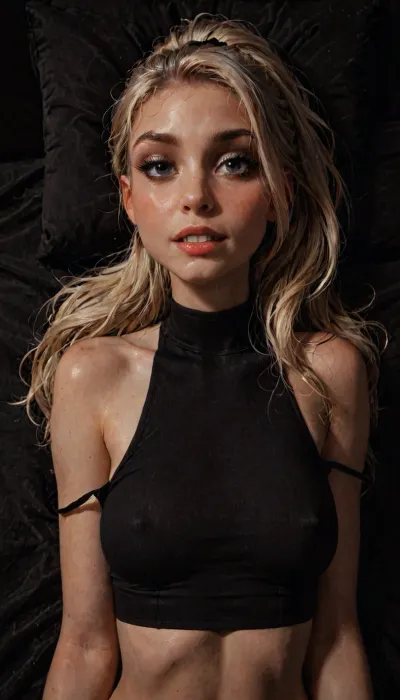(reiq meets innv and Jack cayless art style), (Incase style:1.2), (upper body view), beautiful girl, blonde ponytail, very long hair, (black makeup:.9), (makeup:1.1), (face closeup:1.5), (narrow waist:1.1), (big black long eyelashes:.8), (bare shoulder), (black choker), bangs over eye, symmetrical blue eyes, (front view), snub nose, plumb lips, parted lips, teeth visible, half-closed eyes, perfect small breasts, (erected nipples:.8), (motion lines:1), beautiful curves of the body, realistic detailed, deep insertion, intim light, (lying on the bed:1.4), skin texture, 1girls, (((solo))), (black silk crop top:1.5), (underboobs:1), (happy face:1.2), (seductive face:1.5), futuristic-fantasy-anime, incase, style, teeth, braces, <lora:sd_xl_turbo_lora_v1-64dim:2>, <lora:futureistic_fantasy_anime_sdxl_v1:2>, <lora:Incase_Style__SDXL:2>, <lora:dark:.4>, <lora:TeethXL:1.5>