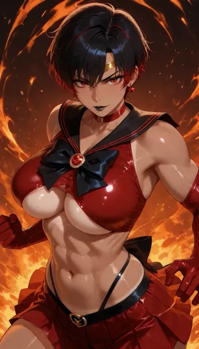 mature goth magical girl, goth sailor scout, Haro Suzuki, 23 yo, badgirl, (athletic, perfect sixpack abs, defined arms, tanlines, muscular, pixie cut hairstyle, black hair with red highlights, black and red costume, red eyes, red earrings), (black lipstick 1.7), big round silicone breasts, pretty face, action pose, summoning fire, dynamic action, Firebending, <lora:Dusk_XL_Goth_Moon_dadapt_cos_1e-7:1>, <lora:Firebending-06:1.2>