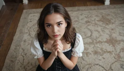 ((full body in shot)), ((top view)), ((pov)), ((viewer's hand touches her hair)), ((brunette with a fringe)), ((anorexic)), A vintage-style full-body of a woman dressed in an elaborate Victorian-era inspired corset, exuding elegance and charm with a touch of theatrical flair. The outfit features a structured white corset with black beaded detailing along the neckline, creating a sophisticated and glamorous contrast. The corset accentuates her figure, while the black lace gloves add a delicate yet bold element to her look, she's kneeling on very fine turkish rug, hands together, prayer, [Photorealistic, moody portrait]