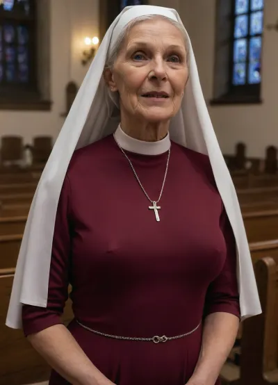(((raw))), (((candid))), elderly 70 years old nun, (very busty), thin, slim, skin-tight burgundy dress, inside a church, alone, midnight, horny, kinky, close-up