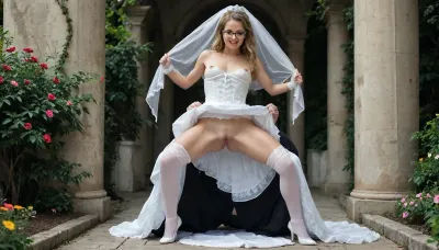 high resolution, high quality, young beautiful girl 18 years old, (standing model posing, ((spread legs))), (((glasses))), (skinny:1.3), (wedding dress:1.2), (white corset:1.2), (wedding veil:1.3), (white lace gloves), (girl shows her ass by lifting up her skirt:1.4), (lifted skirt:1.2), (no panties:1.4), (pussy, smooth pussy:1.2), (white tight stockings and harter belt:1.2), (view from behind), very cute tall tall tall tall tall tall slutty tall smile, long wavy blonde hair, colorful flowers garden in the background, many people in the background, Focus on ass, sunlight, <lora:skirtlift_xl:.5>