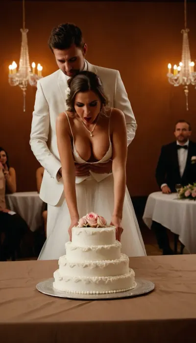 (((Ultra-HD-details:1.1))), ((1 girl, 1 boy:1.5)), ((nsfw:1.5)), ((cinematic photography of a bride cutting her wedding cake:1.5)), ((bent over the table:1.5)), ((very loose, open, unbuttoned, low and deep hanging cleaveage:1.5)), looking down, ((very massive nipslip:1.5)), ((downblouse:1.5)), ((drooping breasts:.5)), ((naked upperbody, no bra, no top:.5)), ((very sheer, very see-through wedding dress and cleavage:.5)), ((very sheer, very see-through top:.5)), ((visible, naked, exposed breasts and large puffy, perky areolas and nipples:1)), ((very long, very low hanging nacklace with saphireheart hanging between breasts:1.5)), . BREAK, ((A man her groom, perverted groom, stands behind the bride and grabbing from behind her breasts:1.5)), ((breastgrab from behind by other person:1.5)), ((full screen view, festive wedding background with in the background stands 10 horny male wedding guests with open trousers and massive erect huge cocks:1.5)), jpeg artefacts, bright lighting, front view, movie-still, amateur photography, shocked, nonplussed, <lora:RealDownblouseXL2:.8>, <lora:shocked:.8>, <lora:crowd_notrigger:2>