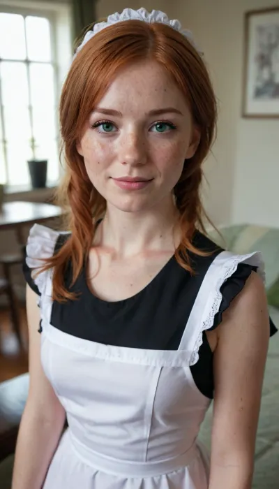 Maid Costume, wearing a black elite maid, Cleaning, 25yo Woman, perfect lighting, ultra-realistic, 8k resolution, ultra-detailed, Instagram model, professional photography, in the living room, long straight redhead hair color, green eyes, shoulder-length short hair, exposed breasts, Cosplay sexy Maid Costume, Medium breasts, shy smile, Nordic, Playful, freckles on the face, slim body, athletic figure, lifelike face, real face