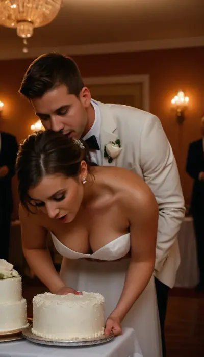 (((Ultra-HD-details:1.1))), ((1 girl, 1 boy:1.5)), ((nsfw:1.5)), ((cinematic photography of a bride cutting her wedding cake:1.5)), ((bent over the table:1.5)), ((very loose, open, unbuttoned, low and deep hanging cleaveage:1)), looking down, ((very massive nipslip:1)), ((downblouse:.5)), ((drooping breasts:.5)), ((naked upperbody, no bra, no top:.5)), ((very sheer, very see-through wedding dress and cleavage:.5)), ((very sheer, very see-through top:.5)), ((visible, naked, exposed breasts and large puffy, perky areolas and nipples:1)), ((very long, very low hanging nacklace with saphireheart hanging between breasts:1.5)), . BREAK, ((A man her groom, perverted groom, stands behind the bride and grabbing from behind her breasts:1.5)), ((breastgrab from behind by other person:1.5)), ((full screen view, festive wedding background with in the background stands 10 horny male wedding guests with open trousers and massive erect huge cocks:1.5)), jpeg artefacts, bright lighting, front view, movie-still, amateur photography, shocked, nonplussed, <lora:RealDownblouseXL2:.8>, <lora:shocked:.8>, <lora:crowd_notrigger:2>