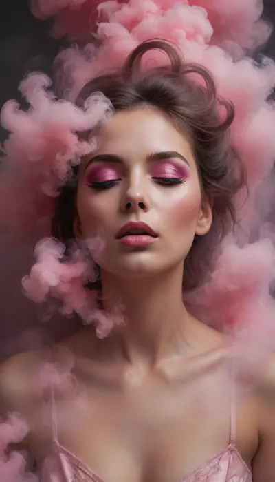 portrait of a woman covered in cloud of smoke, whirlwind, pink highlight colors, pink make-up, hints of pastel, misty, seductive, sultry, breathtaking, oil painting style, artistic, aesthetic modern art, hyper-realism