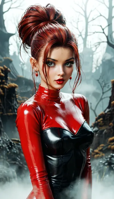 Slender tall slut, (((with a tall, sculptural B-52 beehive hairstyle, heavily teased and voluminous, inspired by 1970s–1980s retro fashion))), slut expression, excessive haze, excessive fog, red slut outfit, view all body, hands grabbing hair