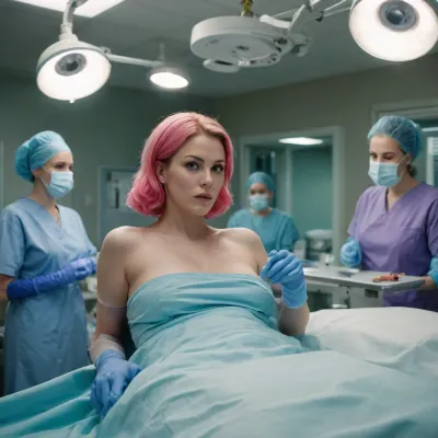 8k resolution, anatomically corrected, highly realistic, HDR lighting, fully detailed image, Fake Hospital, sick goddess in a operating room, the woman is lying on the operating table, a doctor who will perform a operation is near the patient and the doctor's voluptuous surgical assistants are helping the doctor, everyone in the operating room is having gangbang on the operating table, she has globe gigantic breasts, enlarged vagina, fat forward lips, cute hairstyle and colored hair. Surgery, operating room, use of scalpels, surgical boxing gowns with surgical caps and surgical masks with surgical gloves, surgical assistants, surgical doctor, surgical women nurses, surgical lamp, a view