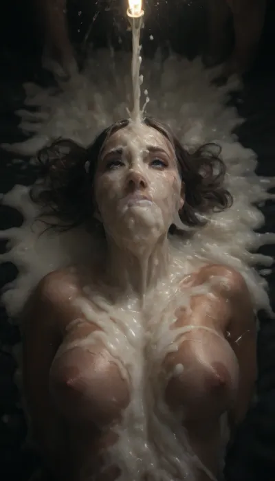 Mad Bitch Hardcore Taking Dicks In Her Holes, see face and lttle breasts, brown hair, (excessive facial cum, excessive cum spraying:1.9), laying in bed, black bed linen, dark atmosphere, (dramatic chiaroscuro lighting:1.2), <lora:dark:.7>