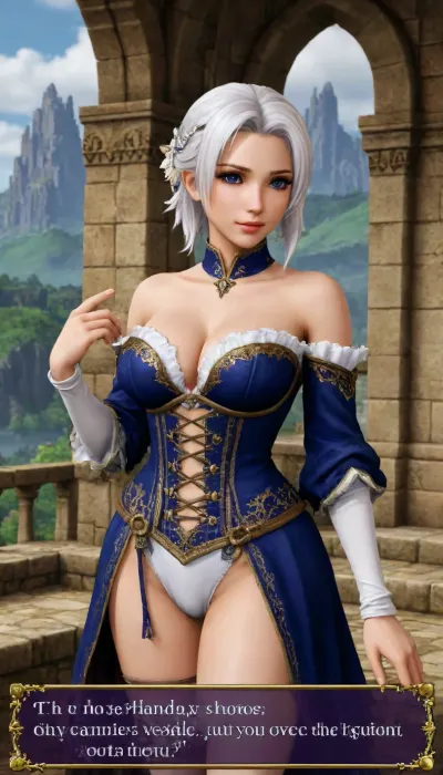 For a gaming-style image, create a classic RPG game scene featuring a detailed dialogue box with character portraits. The setting is vivid and immersive, typical of a fantasy RPG, with a lush, mystical landscape in the background. The character portrait is prominent, placed right next to the dialogue box for easy character identification. The portrait shows a character with expressive features, wearing attire fitting the game's fantasy hentai theme. Cleavage, off shoulder, thin transparent magical dress, The dialogue box is styled in an ornate, medieval font, enhancing the RPG feel, and it contains engaging, story-driven text that hints at an epic quest or important decision., paimeng girl, Special clothing, white hair, <lora:gbaplay_rpg:.7>