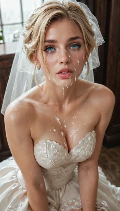 Blonde in a wedding dress, big blue eyes, short haircut, beautiful hairstyle, sitting on a chair, face covered in cum, lots of cum on her lips, tears in her eyes, <lora:RMSDXL_Photo:.8>