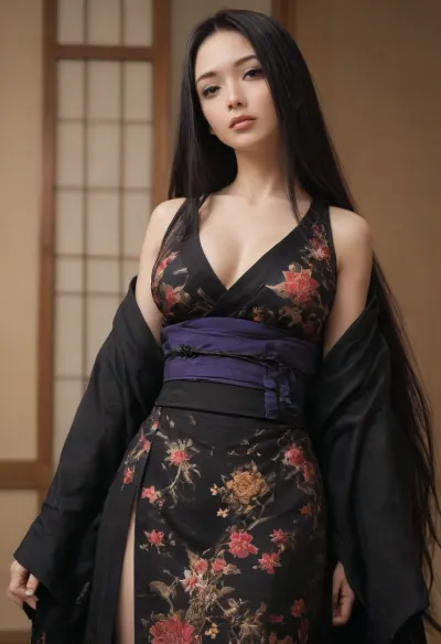 Beautiful black hair Japanese girl wearing traditional clothing, Japanese classical beauty, (revealing her natural gigantic natural breasts:.2), (19 years old Japanese adult girl:.9), ((Japanese adult girl:1.9)), athletic body, full evening dress in the traditional clothing, hing detailed image, (gothic dress:1), (extremely long hair:1.1)