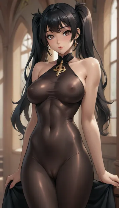 ((tamada heijun style:1.2)), reiq style, beautiful girl, long black pigtails, muscular, athletic, uberfit, abs, seethru, diaphanous, dress, cameltoe, <lora:uberfit_lora_sdxl:1.9>, <lora:seethruv3_SDXL:1.9>, <lora:xl_diaphanous_dress-1.0:1.9>, <lora:cameltoe XL:1.9>, <lora:outline_xl_kohaku_delta_spv5x:1.9>