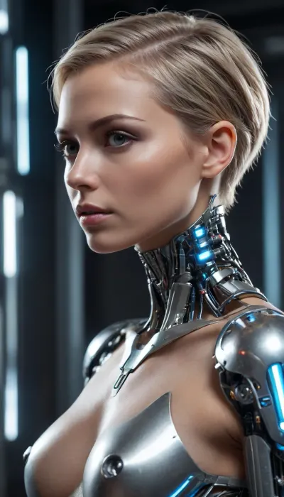 (8K, ultra detailed, photorealistic, best quality, masterpiece, cinematic lighting), woman in provocative pose, side view, slightly leaning back, dynamic posture, upper body, left arm, torso and legs fully human, very tanned skin, realistic texture, muscular physique, defined abs, elegant yet athletic curves, midsection transparent cybernetic core, metallic spine, glowing internal energy flows, holographic circuits, neon plasma tubes, moving gears, intricate wires, fluid conduits with pulsating lights, subtle sparks and energy arcs, right arm and shoulder fully cybernetic, robotic joints, metallic plating, glowing wires, integrated neon highlights, subtle motion blur on moving parts, head and neck partially cybernetic, right half of face, skull and neck replaced with sleek implants, glowing circuits, left half human, soft natural skin, glowing eye on cybernetic side, ultra short hair, ash-gray, (pearly silver), color, subtle neon streaks, intense but artistic expression, subtle asymmetry between human and cybernetic sides, soft cinematic lighting with neon