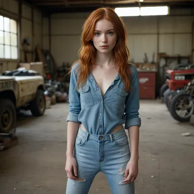 young innocent skinny girl, very small body, very small tits, 18 yo redhead, cute face, makeup long hairs, distressed worksuit, top open, in a old garage, spreading legs, showing bra