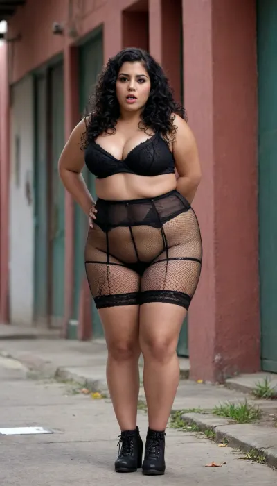 Mexicans, chubby, bbw, morena, dark skinned, long curly black hair, shirt pulled up, flashing tits, holding breasts, sticking tongue out, miniskirt, thick thighs, fishnets, panties around ankles, light bush, <lora:Francisca_SDXL_PONY_V5:.8>