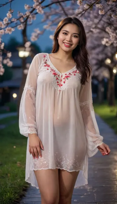 captivating Vietnamese young dark-brunette well-built Ukrainian girl, smiling, desirable plus-size breasts and thighs, loose-fitting embroidered extra long Ukrainian blouse covering knees on completely bare body, barefoot, warm summer rain, blooming cherry tree, night moon glow
