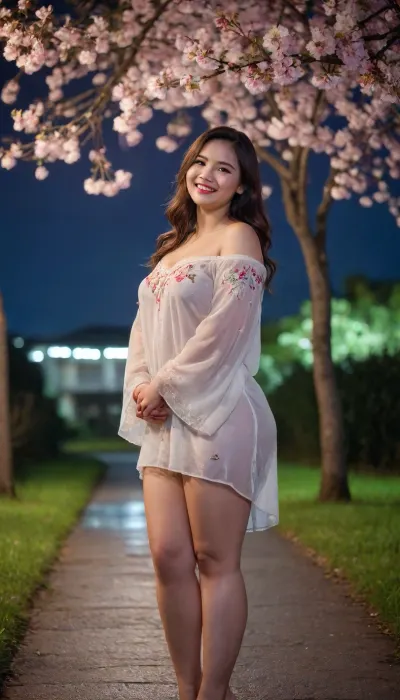 captivating Vietnamese young dark-brunette well-built Ukrainian girl, smiling, desirable plus-size breasts and thighs, loose-fitting embroidered extra long Ukrainian blouse covering knees on completely bare body, barefoot, warm summer rain, blooming cherry tree, night moon glow
