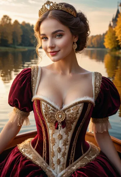 A stunning Renaissance woman .elaborate Renaissance-style velvet corset, embroidered in gold and adorned with pearls and sparkling stones. She sits in a boat on a lake bathed in the golden light of the setting sun, gazing directly at the camera with a smile. Features include water reflections, edge lighting, and cinematic color grading. The image also includes a detailed face, velvet textures, water reflections, and a beautiful natural landscape.
