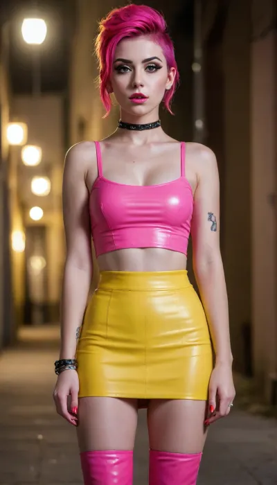 (White spanish 20 year old girl:1.5), dark alleyway, at night, gigantic red full moon, decorated in black., (Pink pixie hair:1.5), green eyes, nose, delicate jawline, (big eyeliner smokey eyes make up:1.5), skinny, pale skin, collarbone, (flat chest:1), (thick hips), big round ass., (yellow wet crop-top, pink leather miniskirt, yellow high boots:1.5), choker., ((Ass focus)), (from below:1.3), (from behind view), (fullbody pictue), biting lower lip, seductive pose, innocent-looking, eye contact, soft lightning, masterpiece, (extremely intricate:1.1), realistic, film grain, fujifilm xt3, professional color photograph, (masterpiece), (realistic), professional photograph, nsfw