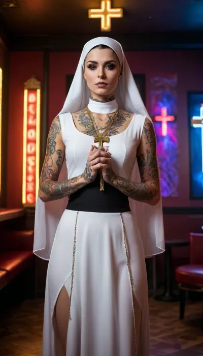 Full body shot of a young beautiful tattooed nun with a modern twist. She wears traditional nun attire with a white veil, her hands adorned with intricate tattoos. Her expression is defiant. Action dramatic pose. She wears a large gold cross necklace, adding a bold religious symbol to the image. Background of night club interior with neon light. The lighting is moody and dramatic, with detailed shading