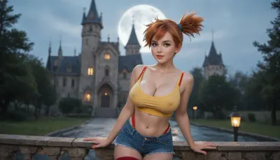 (Misty from Pokémon:1.5), (big round breasts), yellow crop top, cleavage, jeans booty shorts, red suspenders, stockings, moon, at the castle, posing cute, kawaii