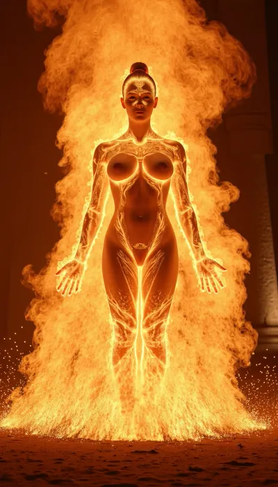 Extreme cinematic full-body shot of the divine "Woman of Flame" before a colossal ancient Egyptian temple entrance at sunrise. Her form is a flawless, deeply sculpted entity of incandescent, glowing internal solar energy and semi-transparent plasma, shaped with precise female anatomical definition. Powerful, high-pressure tongues of blazing orange and white-hot fire blast dynamically and violently from specific points on her chest, solar plexus, palms, and shoulders, creating a violent, chaotic aura around her sculptural form. Each jet of escaping fire is a raw, turbulent torrent of living energy, swirling into thick volumetric smoke and flying sparks in the hot wind. Her long, natural, fiery-red hair whips dynamically, appearing as a wild torrent of intensely glowing fire. Her skin shimmers like liquid sun, with pulsing molten lava veins visible just beneath the surface of the flames. Extreme chiaroscuro contrast between her blinding radiation and the deep, cold shadows of the sandstone temple. High-speed shutter capturing frozen sparks and flying embers, 8k, masterpiece, precise human contour defined by pure fire.