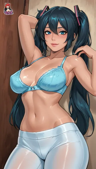 reiq style, (Thick outline:1.4), ((Cartoon Style:1.5)), ((Hentai)), (Hatsune Miku), (dark skin), (dark hair), close up, bras and panties, ((tan lines:1)), sweat, large breasts, eyes looking at viewer, smile, blushing, leaning back against wall, bedroom, legging, pantyhose, full-body, wystyle, ratatatat74, lineart, line, art, flat, colors, color, <lora:cartoon_stickers_xl_v1:.5>, <lora:outline_xl_kohaku_delta_spv5x:2>, <lora:Ppolar-P3v1-NbVp10:1.5>, <lora:ratatatat74-000050:1.9>, <lora:lineartSDXL:1.7>