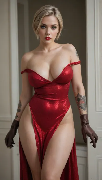 (long red off-shoulder silk dress with gloves), (Large breasts, size 10), A beautiful, sexy, and horny 45-year-old blonde poses naked with makeup, brown eyes, a bob haircut, and bare legs. her haircut and elegant makeup pixie cut, bodysuit of red carbon, colored tattoos on the arms and legs, large 10D breasts, bright, plump lips with red lipstick.