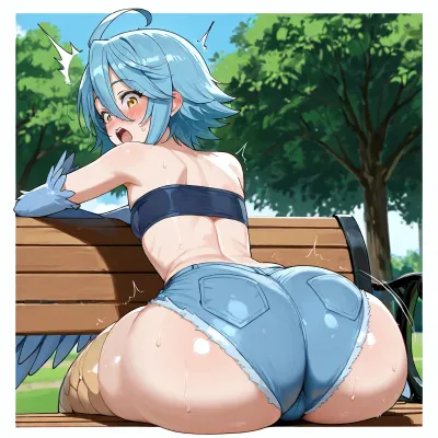 Papi, (Monster Musume), . Petite harpy monster girl, shot blue hair, short shorts, tube top bra, sitting on park bench, looking back, surprised face, blushing, looking down, struggling, hyper ass growth, hyper hips growth, hyper thighs growth, ENORMOSU HYPER ASS, wedgy.