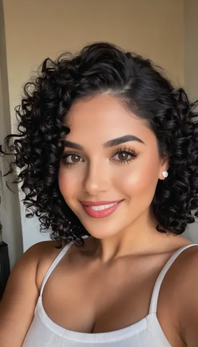 ziprealism, (adorable Latina woman, charming and charismatic, caring eyes, loving girlfriend, candid selfie aesthetic:1.6), (flawless skin, luxurious black hair, curly hair, short hair, thick voluminous hair:1.4), (mischievous expression, playful gaze, catchlights, extremely detailed iris), (focus on lips, perfect eyes, expressive eyes, long delicate eyelashes, soft blush), (soft flirty smile, dimples, mouth closed:1.4), Stable-Yogis-Makeup-Enhancer-XL, <lora:Instagram_Selfie_SDXL:.8>