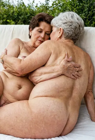 A mature nude lesbian plump couple 74 age old having hardcore sex, doggy style, full view. Visible asshole. Dark short hair style, hairy pussie. Classy and elegant grannys.