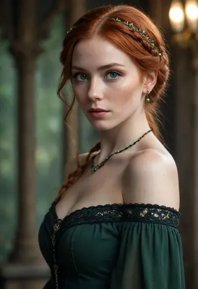 photograph, digital art, fantasy style, beautiful red-haired woman, long straight hair, braided crown, fair skin, freckles, green eyes, delicate features, wearing black off-shoulder dress with lace trim, beaded necklace, ornate earring, looking over shoulder, soft light, dark textured background, ethereal, fantasy character, intricate hair details, realistic texture, fantasy portrait, romantic, mystical, detailed, elegant, soft focus, dreamy atmosphere. /©KlTTY-ART/