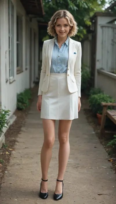 A young Dutch woman, short blond hair, wavy hair, black high heels, black panty, white skirt, light blue blouse, white blazer, smiling in my backyard, rosegarden