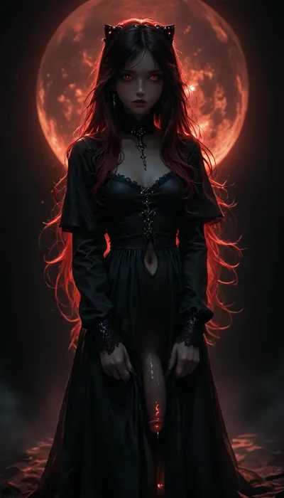 Charming Adult 25 year old futanari with flaccid penis and balls, close-up view, (Multicolour bright red ruby rose Hairstyle), (charming eyes, bright red glowing pupils:1.1), big red moon in the background, Ann Takamaki from persona 5, 25 years old. 1Futanari, breasts, nipples, rating, explicit, solo, spread_legs, nude, uncensored, sitting, navel, anus, penis, looking_at_viewer, shiny_skin, blush, shiny, twintail, lighting, bright, Half-turn view, standing slightly sideways, curly very long hair, hair on the shoulders, hair along the entire back, a pretty girl with long glowing horns, standing on a dark background, empty dark background, the figure is highlighted with red light, a cool aura around the body, a charming predatory gaze, (pale skin:1.1), (glossy oiled skin:1.1), a sexy smile, a sexy dynamic pose, perfect eyes, best detailed hair, elastic breast, detailed body, detailed eyes, detailed face neon, ltctr, color, light, contour, fluffy dress, bow on head, black bow with red ribbons at the edges in gothic style, black_gothic_fantasy, nun, <lora:Red_and_black__gothic_fantasy-000007:2>, <lora:light_contour_sdxl:2>, <lora:dark:2>, <lora:Glowing_beach:2>, <lora:Dark Nun (Pony):2>