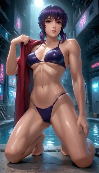 (reiq style, anime Artist Style), solo. alone, (sexy muscles motoko kusanagi body:1.7), (inside, dark out, neon, futuristic cyborg pool, hotel, nighttime), sexy fighter posing, violet-colored hair, crimson eyes, perfect athletic build, perfect athletic body, perfect big breasts, perfect athletics arms, perfect athletic legs, (photography porn), (alone by the pool sex horny lustful seductive posing at viewer), (sexy wet see threw tight futuristic Two-Piece Bikinis:1.5), camel toe, hard nipples, horny wet body, front viewer pose, full body in view, raver, sidecut, ultraviolet light, undercut, Kusanagi, Motoko, G-host, in, the, Shell, <lora:kusanagi_motoko_xl_v1:2>, <lora:cbcity2:.7>, <lora:RM_Niji_v1.0_bf16:1.2>, <lora:Masamune Shirow_XL:2>, <lora:PantyPull-000005:1.9>