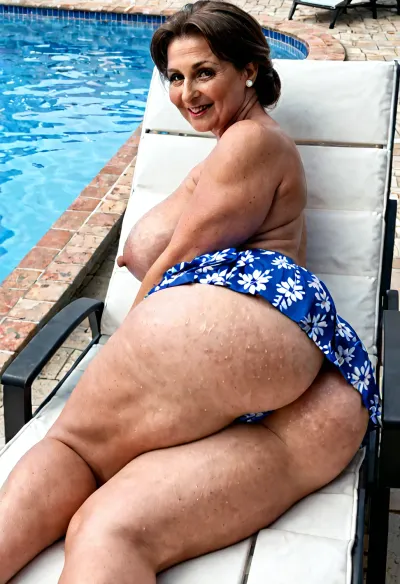 A extremely thick 45 year old mom, (M.I.L.F), is at a busy and crowded public pool. She is topless wearing a swim skirt. She is laying sideways on her side with her legs together on a lounge chair showing her ass., ((laying sideways)), ((swim skirt)), ((45 years old)), ((45 year old mom)), ((extremely thick mom)), ((extremely thick thighs)), ((hyper unusually gigantic boobs)), ((hyper unusually gigantic thick fat ass)), ((extremely long nipples)), perfect, eyes, skin, blemish, detailed, longnips, <lora:polyhedron_all_sdxl-000004:2>, <lora:longnipsxl:2>, <lora:Saggo_XL:2>, <lora:face_xl_v0_1:2>