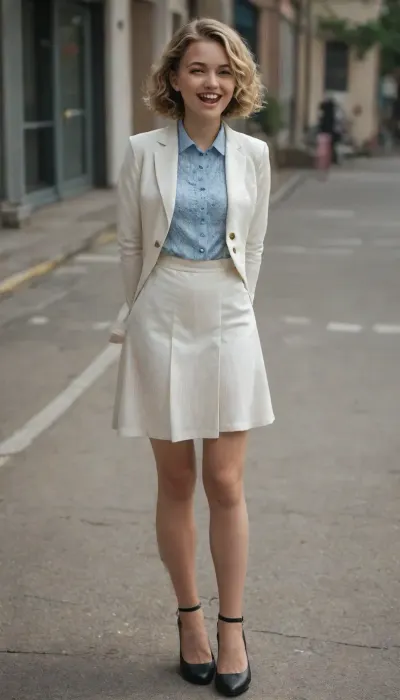 A young Dutch woman, short blond hair, wavy hair, black high heels, black panty, white skirt, light blue blouse, white blazer, laughing in my front yard
