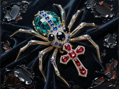 An award-winning fine-art painting masterpiece executed in an elite heavy, chunky Alla Prima impasto style with massive prominent palette-knife oil paint layers and raw textured brushstrokes. A spectacular high-jewelry luxury brooch designed as an intricate spider, lying elegantly on a dark velvet canvas. The spider features brilliant, shimmering black diamonds instead of eyes. Its body is adorned with an exquisite line of deep-blue sapphires running along the center, and on its emerald blue-green metallic abdomen is a highly visible, majestic cross made of rich, glowing red rubies. The entire canvas is densely covered in a highly tactile matte paint accumulation, with massive, loose blocks of wet oil color and bold palette-knife marks completely defining the gemstone facets, the intense ruby-red cross, the metallic reflections of the legs, and the deep volumetric shadows without smooth digital blending. Masterpiece, rugged paint edge chunks.