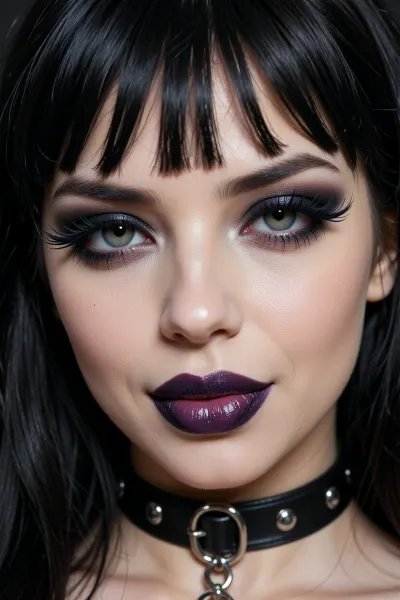 a goth woman wearing a leather choker with a sultry bdsm dominatrix aesthetic, full lips with soft pillowy creases wearing deep purple lipstick so dark it's almost black, her lips are quirked in a sexy smug smirk with a smokey expression, long ink-black hair with thick rounded bangs and fringe framing her soft round face, flawless goth-style makeup with intense kohl eyeshadow and thick winged eyeliner contrasting with her porcelain skin, focused on her huge doe eyes with thick feathery false eyelashes
