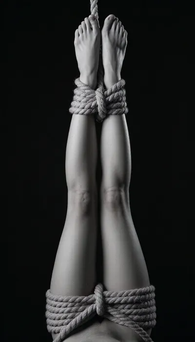 ultra realistic black and white fine art studio photograph, vertical portrait composition against an absolutely seamless pure black background, only the lower legs and bare feet of one adult woman, 28 years old, visible in the frame, body positioned upside down outside the upper crop, both legs hanging perfectly together along the central vertical axis, knees extending downward toward the lower third of the image, calves symmetrical and gently muscular, smooth realistic skin, feet pressed closely together at the top of the visible anatomy, soles and toes oriented upward, ankles and lower shins wrapped with numerous dense horizontal turns of thick natural fiber rope, approximately ten to twelve overlapping coils forming a broad compact rope band, rough twisted rope texture rendered with extreme clarity, a single taut rope continuing vertically upward from the bound ankle area and disappearing through the top edge of the frame, deliberately neutral conceptual fine art presentation rather than erotic staging, legs isolated completely from any surrounding environment, very controlled low key studio lighting from slightly camera left, razor thin silver rim light tracing the left contours of feet, ankles, calves and knees, softer narrow highlight along the opposite contour, central surfaces falling into rich charcoal gradients, deep blacks with almost no shadow detail beyond the body, subtle specular highlights on skin, realistic pores and tiny tonal imperfections, strong sculptural modeling, extremely high local contrast, crisp focus from feet through knees, no visible grain except subtle photographic texture, symmetrical minimalist composition, elegant negative space surrounding the figure, 85 mm lens appearance, ISO 100, f 8 studio sharpness, dramatic museum quality monochrome photography, glossy gelatin silver print character