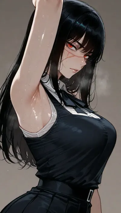 (ratatatat74 style), yoru from chainsaw man, dressed, solo, armpit fetish, sweaty, looking at viewer, side view, (simple background), <lora:ratatatat74-000050:2>