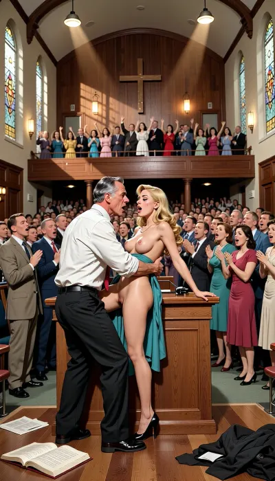 A highly detailed mid-century commercial illustration in authentic 1950s retro style, bold clean lines, vibrant yet period-accurate color palette, soft illustrative shading, and idealized figures typical of 1950s magazine and advertising art, depicting an explicit pornographic scene inside a large traditional United Pentecostal Church of the 1950s, (Evangelical Apostolic Pentecostal Church with very strict holiness standards), during a lively worship service. The grand wooden-paneled auditorium is filled with a conservative congregation of hundreds standing with hands raised high in praise, eyes closed in fervent worship, singing passionately with open mouths, some with tears streaming down their faces, illuminated by dramatic shafts of light from tall stained-glass windows and simple overhead fixtures. Women throughout the congregation strictly adhere to the church’s holiness rules, wearing modest long 1950s dresses or skirts well below the knee, (no pants or slacks ever), with very long uncut hair flowing down their backs or styled long and natural, faces completely free of makeup or jewelry. Men are dressed conservatively in 1950s suits, dress shirts, and slacks.
On the elevated central wooden platform, under brighter stage lights and a large simple wooden cross in the background, a charismatic middle-aged pastor with salt-and-pepper hair, wearing an open white dress shirt, (tie loosened, suit jacket discarded nearby), and black trousers around his ankles, is vigorously fornicating with a stunningly beautiful 22-year-old woman from the congregation. She has very long flowing blonde uncut hair, a perfect youthful natural face with no makeup, voluptuous breasts bouncing, slim toned waist, wide hips, and long legs. She is bent over the wooden pulpit, her modest long 1950s-style dress hiked up around her waist, panties pulled aside, as the pastor grips her hips and thrusts into her from behind in explicit penetration. Her face shows intense pleasure with mouth open in a moan, eyes half-lidded.
Behind them, the full choir in modest conservative 1950s attire—women in long dresses with very long uncut hair and no makeup, men in suits—stands on tiered wooden risers, watching the scene with a mix of shock, arousal, and lingering worshipful expressions, some singers still holding hymnals.
Foreground details, open Bibles scattered on the floor, fallen hymnals, a discarded pastoral suit jacket. Dramatic volumetric lighting, god rays through stained-glass windows, subtle atmospheric haze, intricate architectural details of a 1950s church interior, (wooden pews, simple paneling, no modern screens or technology), sharp illustrative focus, erotic atmosphere, highly explicit nudity and sexual penetration, classic mid-century commercial illustration style.