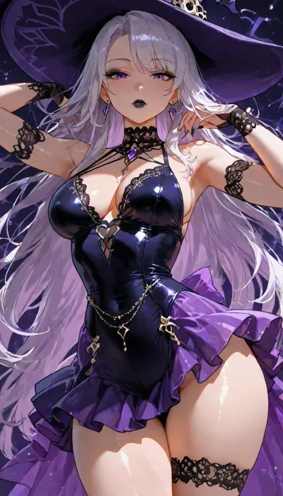 (((big cute anime eyes:1.2))), black lipstick, 25 year old Filipina, dynamic pose portrait, petite athletic toned firm body, bright purple blue badass witch, ethereal whimsy aesthetic, short nano skirt, goth lace and satin, <lora:add-detail-xl:1.2>, <lora:attractive_notrigger:1.2>, <lora:detailed_notrigger:1.2>, <lora:LCMTurboMix_Euler_A_fix:1.2>